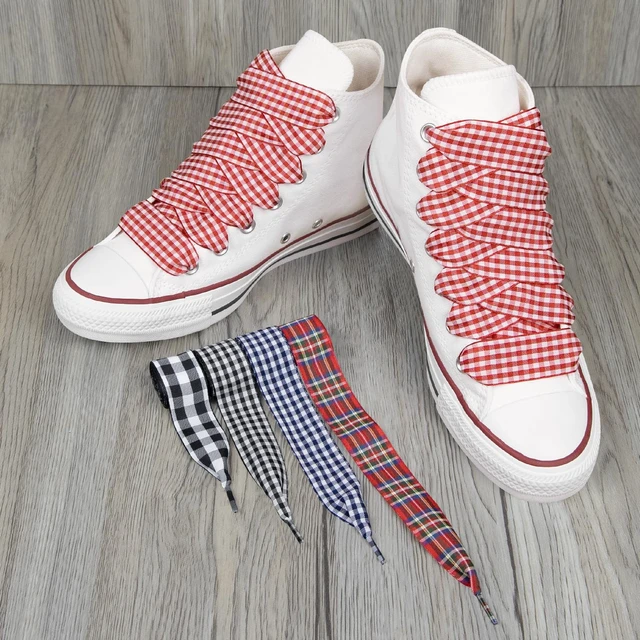 Alt view image 6 of 6 - Gingham Shoe Laces Plaid Shoelaces Strings | 2.5CM Checkered Flat Laces | Material: Polyester | Color:Black, Size:55 Inch