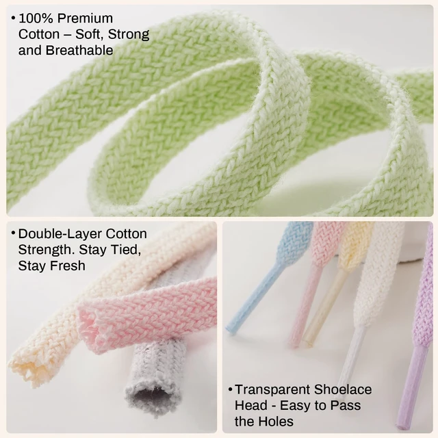 Alt view image 3 of 7 - 2 Pairs Flat Cotton Shoe Laces, 5/16" Shoelaces-White 114 | Sturdy and stay tied all day,double layer cross weaven replacement strings. 18 colors, 7 lengths for sneakers, athletic shoes