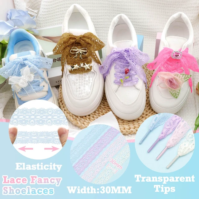 Alt view image 3 of 7 - Flat Lace Fancy Shoelaces: 2 Pairs 23 Inch White Lacy Shoe Laces | 3CM Wide, Cute Sneakers Shoestrings, Soft Nylon Material, Fit for Tennis Shoes/High Tops/Boots