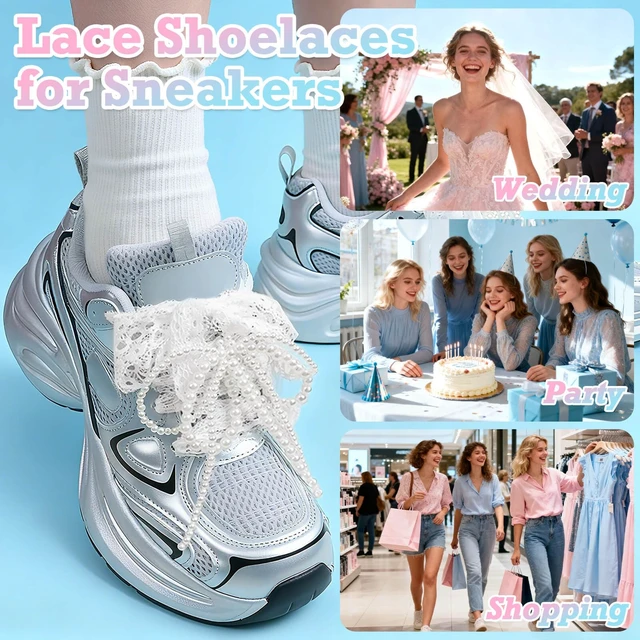 Alt view image 4 of 7 - Flat Lace Fancy Shoelaces: 2 Pairs 23 Inch White Lacy Shoe Laces | 3CM Wide, Cute Sneakers Shoestrings, Soft Nylon Material, Fit for Tennis Shoes/High Tops/Boots