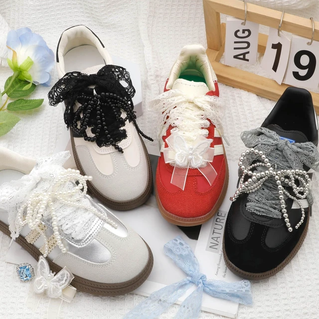 Alt view image 7 of 7 - Flat Lace Fancy Shoelaces: 2 Pairs 23 Inch White Lacy Shoe Laces | 3CM Wide, Cute Sneakers Shoestrings, Soft Nylon Material, Fit for Tennis Shoes/High Tops/Boots