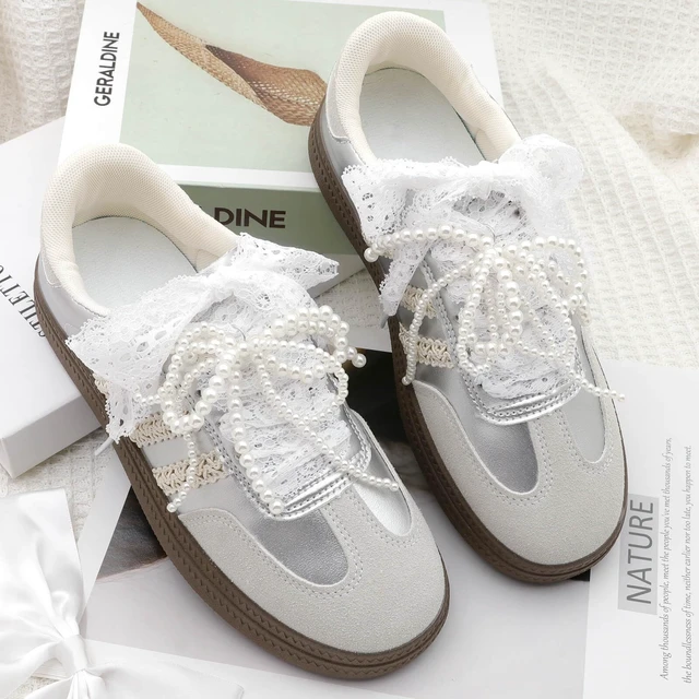 Alt view image 2 of 7 - Flat Lace Fancy Shoelaces: 2 Pairs 23 Inch White Lacy Shoe Laces | 3CM Wide, Cute Sneakers Shoestrings, Soft Nylon Material, Fit for Tennis Shoes/High Tops/Boots