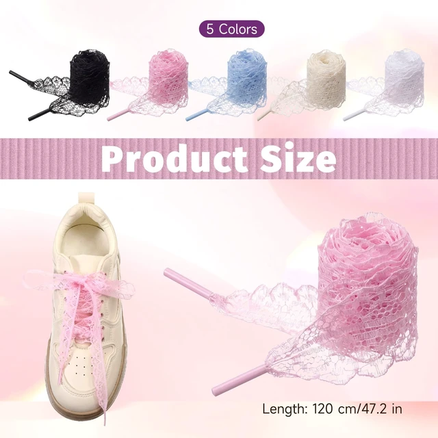 Alt view image 2 of 7 - 5 Pairs Fancy Lace Shoelaces Soft Flat Hollow Ribbon Lace Shoe Laces for Women (Black White Beige Pink Blue)