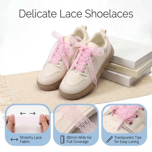 Alt view image 3 of 7 - 5 Pairs Fancy Lace Shoelaces Soft Flat Hollow Ribbon Lace Shoe Laces for Women (Black White Beige Pink Blue)