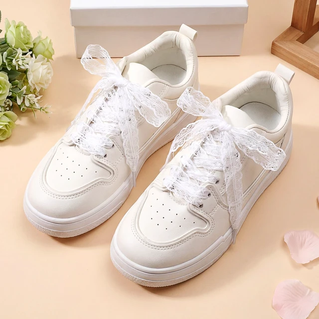 Alt view image 4 of 7 - 5 Pairs Fancy Lace Shoelaces Soft Flat Hollow Ribbon Lace Shoe Laces for Women (Black White Beige Pink Blue)