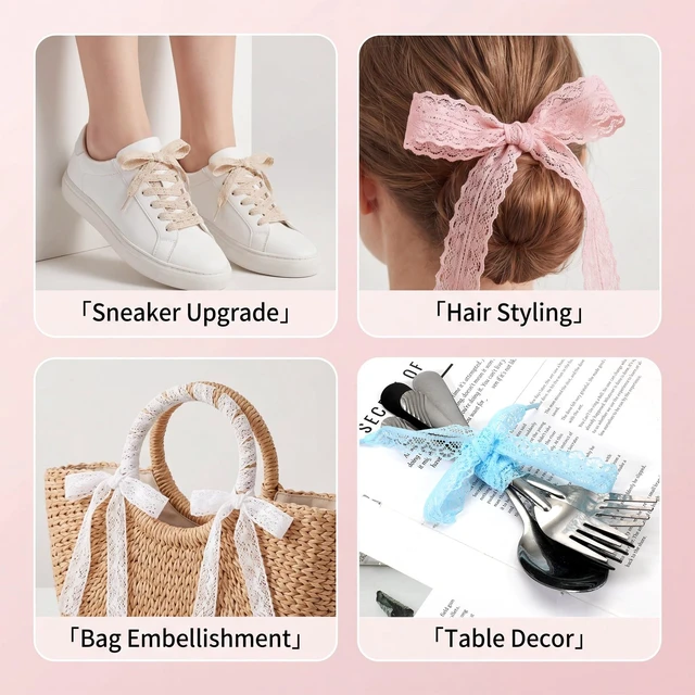 Alt view image 6 of 7 - 5 Pairs Fancy Lace Shoelaces Soft Flat Hollow Ribbon Lace Shoe Laces for Women (Black White Beige Pink Blue)