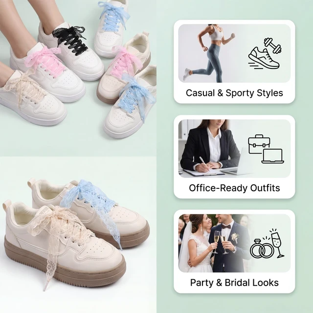Alt view image 7 of 7 - 5 Pairs Fancy Lace Shoelaces Soft Flat Hollow Ribbon Lace Shoe Laces for Women (Black White Beige Pink Blue)