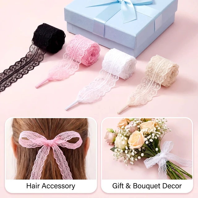 Alt view image 5 of 7 - 5 Pairs Fancy Lace Shoelaces Soft Flat Hollow Ribbon Lace Shoe Laces for Women (Black White Beige Pink Blue)