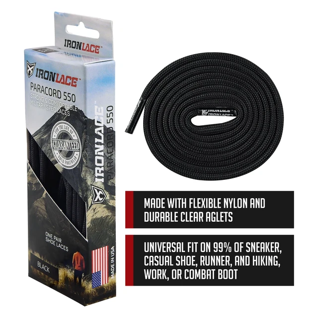 Alt view image 4 of 7 - Paracord 550 Laces Type III, Heavy-Duty, Universal Boot & Shoe Laces, Stretchable Nylon, 550-Pound Breaking Strength, Midnight Black, 9/64 Inch (3.5mm) Tip Diameter, 45-Inch, 1-Pair