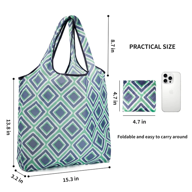 Alt view image 2 of 7 - Foldable Reusable Shopping Grocery Bags, Lightweight, Washable, Cute Packable Polyester Tote Bag (2, Diamond Grid)
