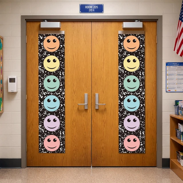 Alt view image 3 of 6 - 2 Pcs Composition Notebook Classroom Door Window Curtains Cover 7.8 x 35 in | Fabric Pastel Smile Face Door Panel Blackout Lockdown, Window Cover for Back to School, Teacher Nursery Room Decor