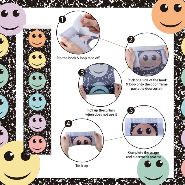 Alt view image 4 of 6 - 2 Pcs Composition Notebook Classroom Door Window Curtains Cover 7.8 x 35 in | Fabric Pastel Smile Face Door Panel Blackout Lockdown, Window Cover for Back to School, Teacher Nursery Room Decor