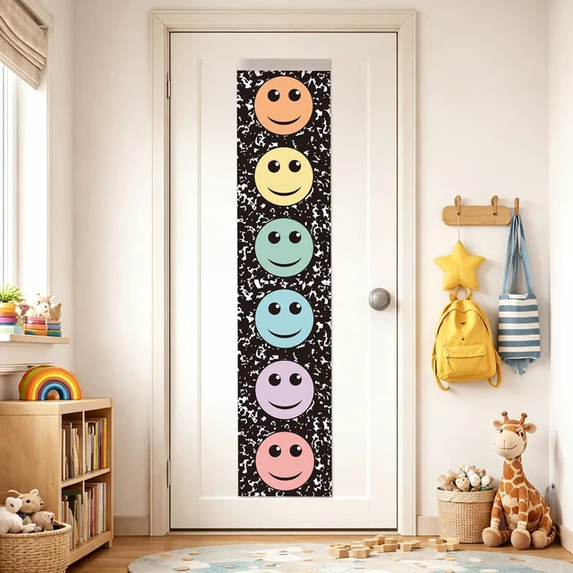 Alt view image 6 of 6 - 2 Pcs Composition Notebook Classroom Door Window Curtains Cover 7.8 x 35 in | Fabric Pastel Smile Face Door Panel Blackout Lockdown, Window Cover for Back to School, Teacher Nursery Room Decor