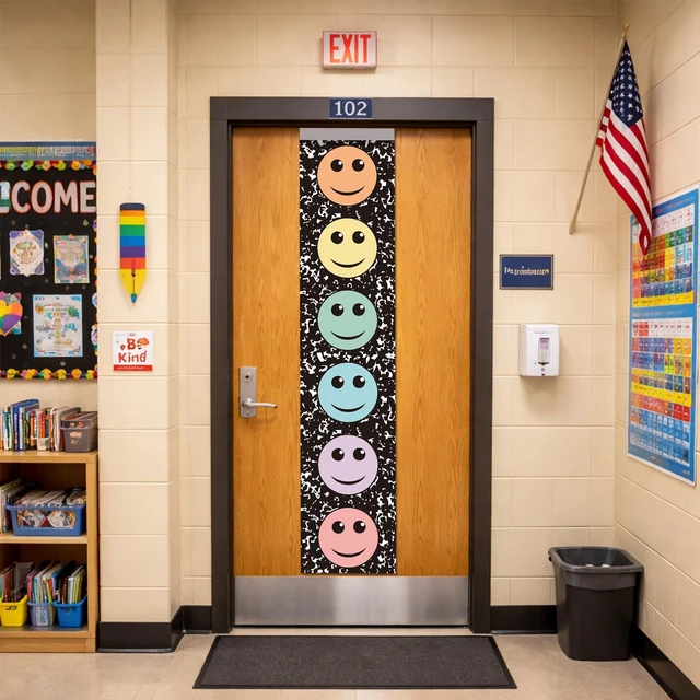 Alt view image 5 of 6 - 2 Pcs Composition Notebook Classroom Door Window Curtains Cover 7.8 x 35 in | Fabric Pastel Smile Face Door Panel Blackout Lockdown, Window Cover for Back to School, Teacher Nursery Room Decor