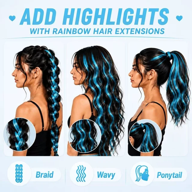 Alt view image 2 of 5 - Teal Blue Hair Extensions Clip in 10 Pieces Synthetic Hairpieces