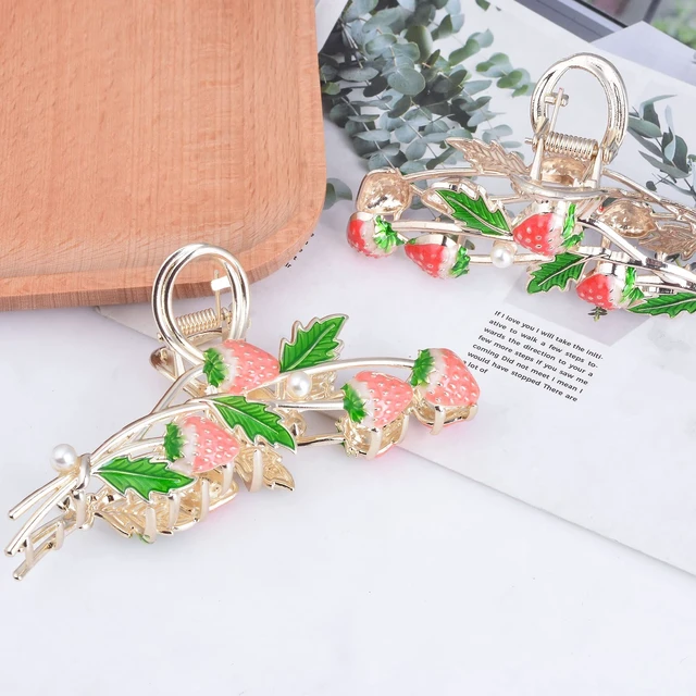 Alt view image 4 of 7 - Hair Clip 2Pcs Cute Strawberry Metal Hair Claw Strong Non Slip Hold Hair Jaw Pink Acetate Hair Clips Accessories for Women and Teens Fashion Hair Supplies