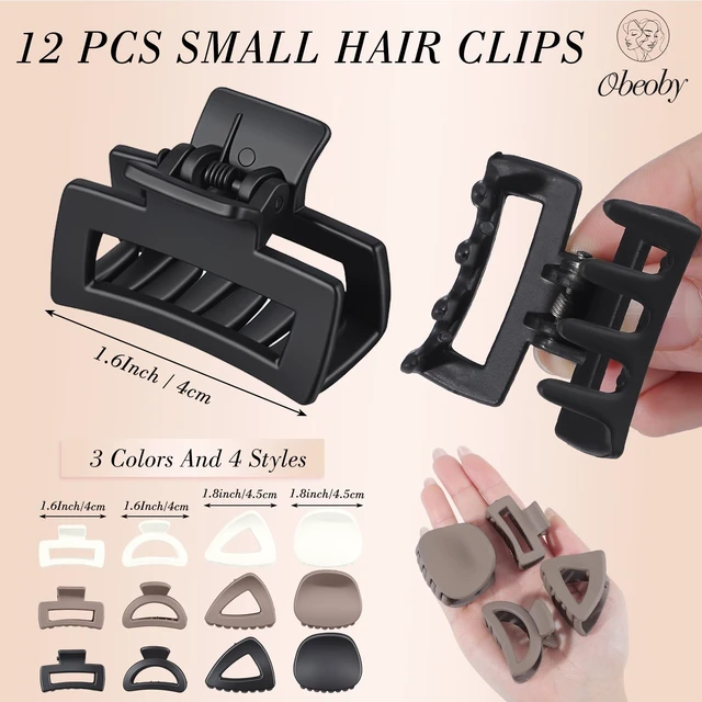 Alt view image 2 of 7 - 12Pcs 1.6-In Small Hair Claw Clips for Women Girl Thin Short Half-up | Matte Black Brown Beige, 4 Styles Plastic Cute Barrettes Hairpins Accessories Gifts