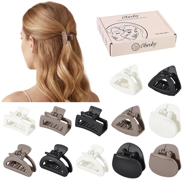 Main image of 12Pcs 1.6-In Small Hair Claw Clips for Women Girl Thin Short Half-up | Matte Black Brown Beige, 4 Styles Plastic Cute Barrettes Hairpins Accessories Gifts
