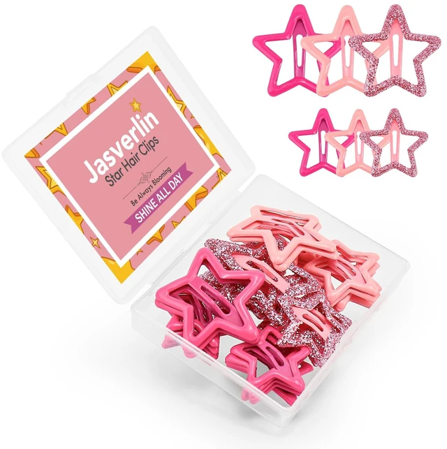 Main image of Pink Star Snap Hair Clips, Y2K Pink Hair Accessories, 36 Pcs | Glitter Metal Barrettes in Assorted Sizes for Fine or Thick Hair, Cute Kawaii Style for Concerts, Parties and Daily Looks