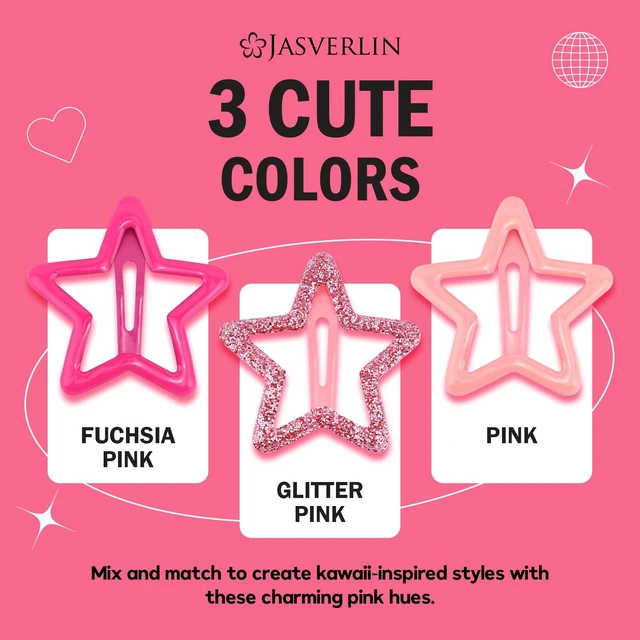 Alt view image 6 of 7 - Pink Star Snap Hair Clips, Y2K Pink Hair Accessories, 36 Pcs | Glitter Metal Barrettes in Assorted Sizes for Fine or Thick Hair, Cute Kawaii Style for Concerts, Parties and Daily Looks