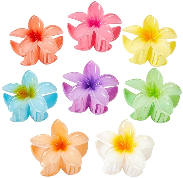 Main image of Hair Claw Clips for Women, 8 Pack Hawaiian Plumeria Hibiscus Large Hair Clips for Thick Thin Hair, Strong Hold Non-Slip Tropical Beach Hair Accessories, Gifts for Women and Girls (8 Colors)