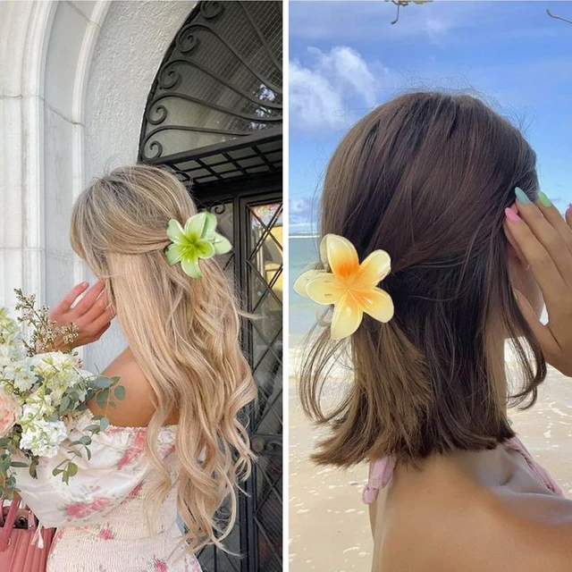Alt view image 2 of 6 - Hair Claw Clips for Women, 8 Pack Hawaiian Plumeria Hibiscus Large Hair Clips for Thick Thin Hair, Strong Hold Non-Slip Tropical Beach Hair Accessories, Gifts for Women and Girls (8 Colors)