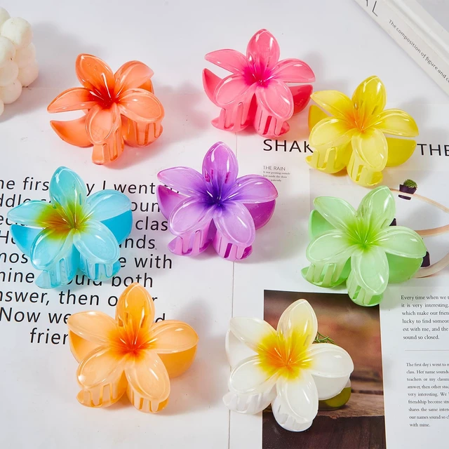 Alt view image 6 of 6 - Hair Claw Clips for Women, 8 Pack Hawaiian Plumeria Hibiscus Large Hair Clips for Thick Thin Hair, Strong Hold Non-Slip Tropical Beach Hair Accessories, Gifts for Women and Girls (8 Colors)