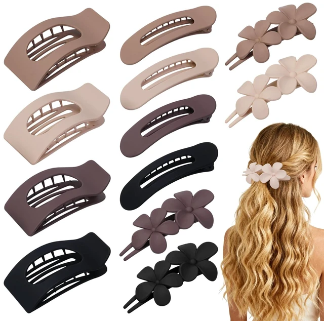 Main image of Flat Hair Clips for Women Matte Neutral Square Claw Clips, Flat Barrettes & Flower Pins in Black, Blonde,Light Brown & Dark Brown, Soft Touch Hair Accessories for Thick & Thin Hair