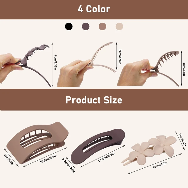 Alt view image 2 of 6 - Flat Hair Clips for Women Matte Neutral Square Claw Clips, Flat Barrettes & Flower Pins in Black, Blonde,Light Brown & Dark Brown, Soft Touch Hair Accessories for Thick & Thin Hair