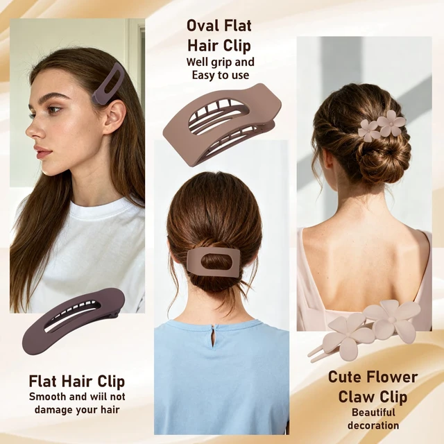 Alt view image 4 of 6 - Flat Hair Clips for Women Matte Neutral Square Claw Clips, Flat Barrettes & Flower Pins in Black, Blonde,Light Brown & Dark Brown, Soft Touch Hair Accessories for Thick & Thin Hair