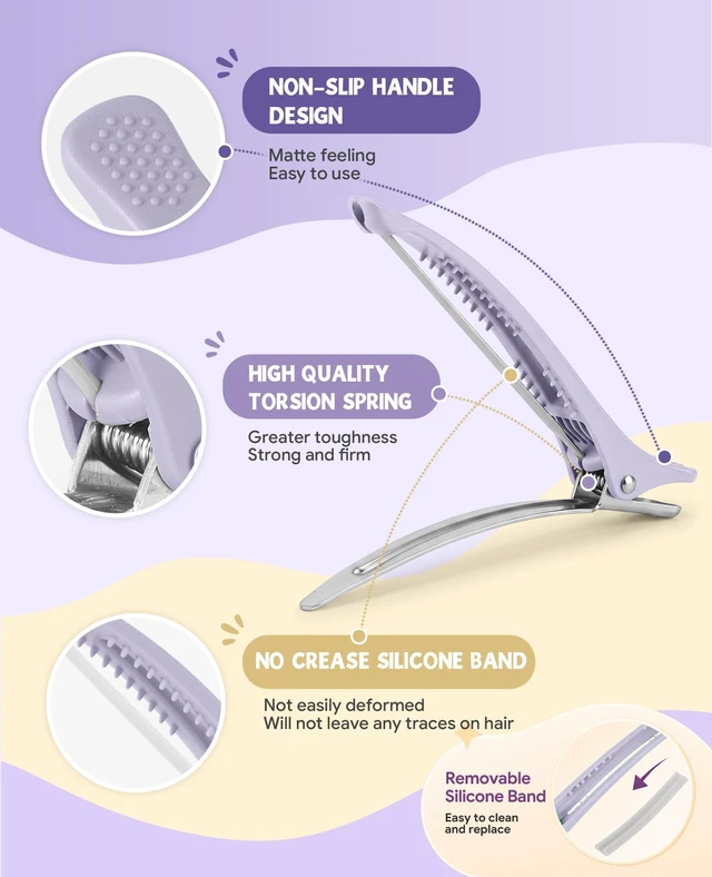 Alt view image 5 of 7 - Hair Sectioning Clips, 12 Pack Duckbill Hair Clips | Removable Silicone Band | Matte Grip Design for Womens Styling, Cutting, Coloring, Blow Drying, Rollers, Makeup and Skincare