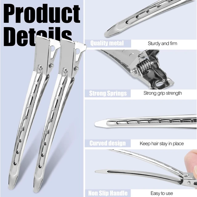 Alt view image 3 of 7 - Duck Billed Clips, 30pcs 3.5 Inch Metal Alligator Curl Hair Clips with Holes for Styling, Coloring, Thick Hair Rollers, Salon Use, Silver