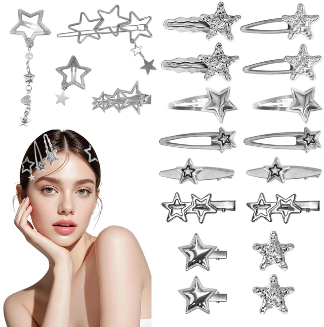 Main image of Y2K Star Hair Clips, Silver Metal Non-Slip Barrettes Hairpin | 90s Retro Y2K Hair Clips for Women Girls, Cute 2000s Hair Accessories Cool Hairpin Set for Party or Daily Wear