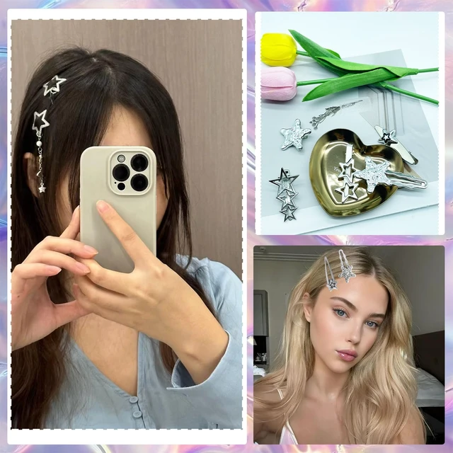 Alt view image 7 of 7 - Y2K Star Hair Clips, Silver Metal Non-Slip Barrettes Hairpin | 90s Retro Y2K Hair Clips for Women Girls, Cute 2000s Hair Accessories Cool Hairpin Set for Party or Daily Wear