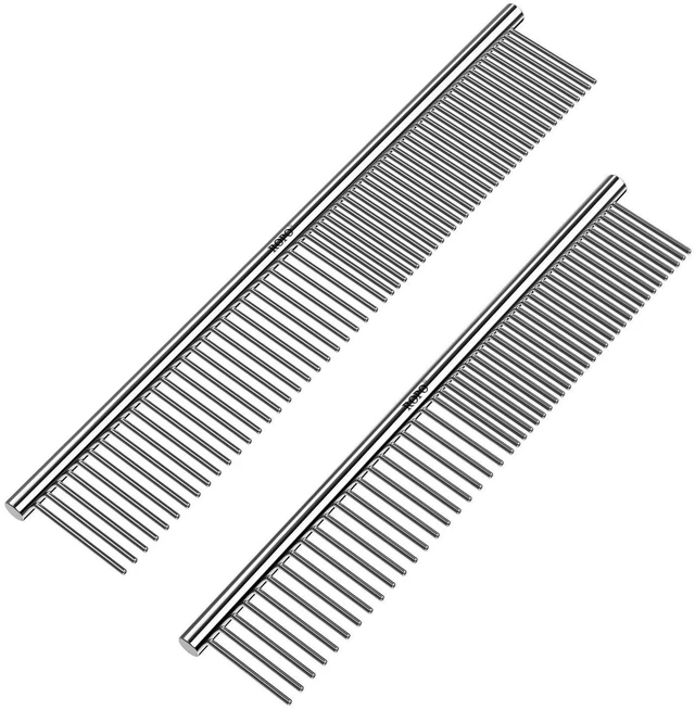 Main image of Pet Steel Combs Dog Cat Comb Tool for Removing Matted Fur - Pet Dematting Comb with Rounded Teeth and Non-Slip Grip Handle - Prevents Knots and Mats for Long and Short Haired Pets,6.5IN/7.4IN