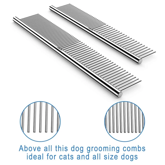 Alt view image 2 of 6 - Pet Steel Combs Dog Cat Comb Tool for Removing Matted Fur - Pet Dematting Comb with Rounded Teeth and Non-Slip Grip Handle - Prevents Knots and Mats for Long and Short Haired Pets,6.5IN/7.4IN