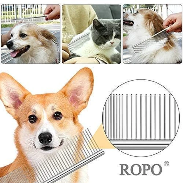 Alt view image 5 of 6 - Pet Steel Combs Dog Cat Comb Tool for Removing Matted Fur - Pet Dematting Comb with Rounded Teeth and Non-Slip Grip Handle - Prevents Knots and Mats for Long and Short Haired Pets,6.5IN/7.4IN