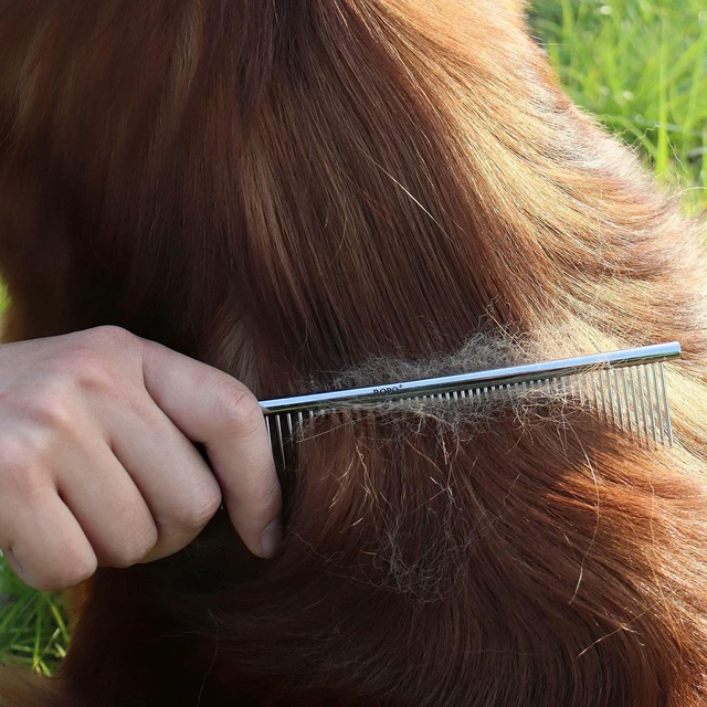 Alt view image 4 of 6 - Pet Steel Combs Dog Cat Comb Tool for Removing Matted Fur - Pet Dematting Comb with Rounded Teeth and Non-Slip Grip Handle - Prevents Knots and Mats for Long and Short Haired Pets,6.5IN/7.4IN