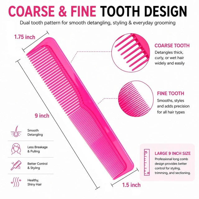 Alt view image 2 of 7 - Large Dressing Hair Comb Set (6 Pack) 9 Inch Coarse & Fine Tooth Barber Combs for Wet, Thick, Curly & Long Hair, Detangling Styling Comb Set for Men & Women
