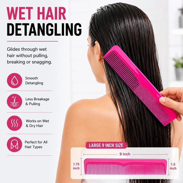 Alt view image 4 of 7 - Large Dressing Hair Comb Set (6 Pack) 9 Inch Coarse & Fine Tooth Barber Combs for Wet, Thick, Curly & Long Hair, Detangling Styling Comb Set for Men & Women