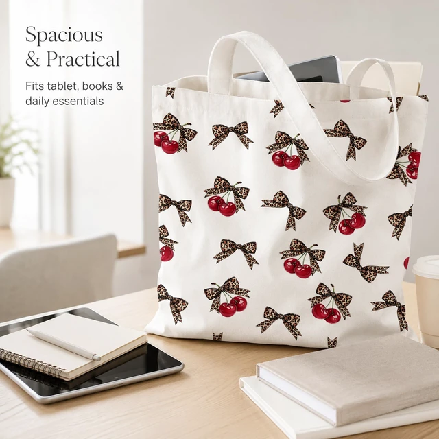 Alt view image 4 of 6 - Leopard Print Cherry Canvas Tote Bag for Women,Leopard Lover Gifts for Women,Tote Bag with Inner Pocket,Trendy Funky Cheetah red Y2K Canvas Shopping Bags for Girl Sister Daughter Mom Friend