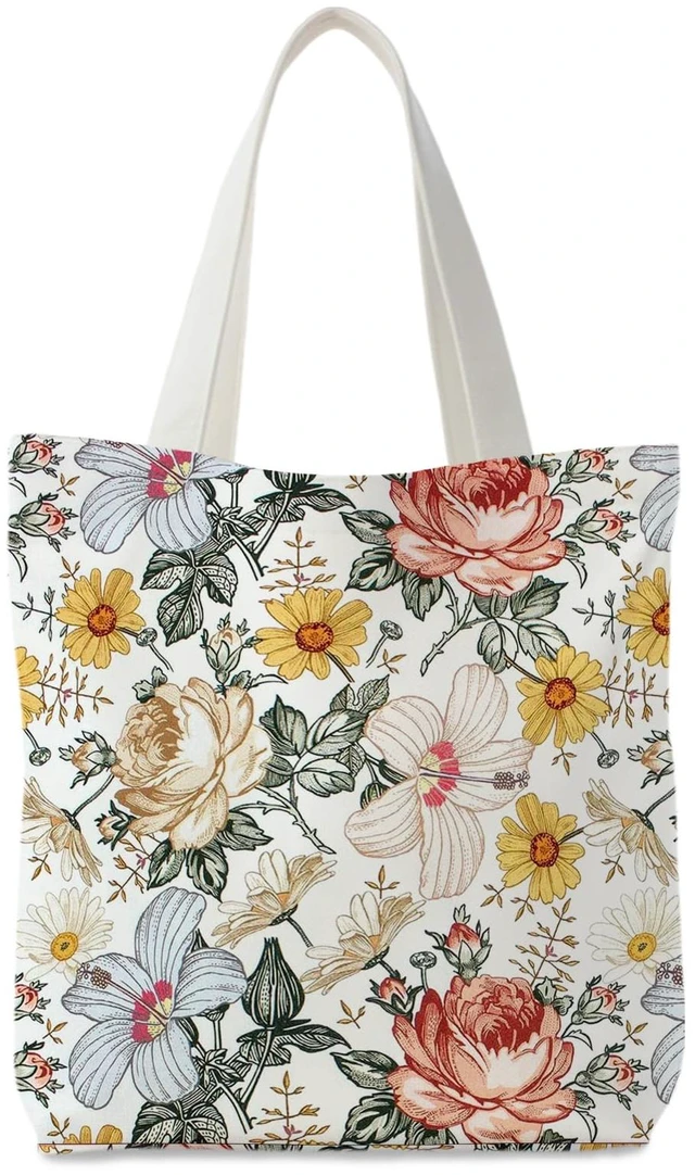 Main image of Floral Canvas Tote Bag for Women, Flower Aesthetic Tote Bag, Flower Floral Reusable Grocery Bags Shopping Bags