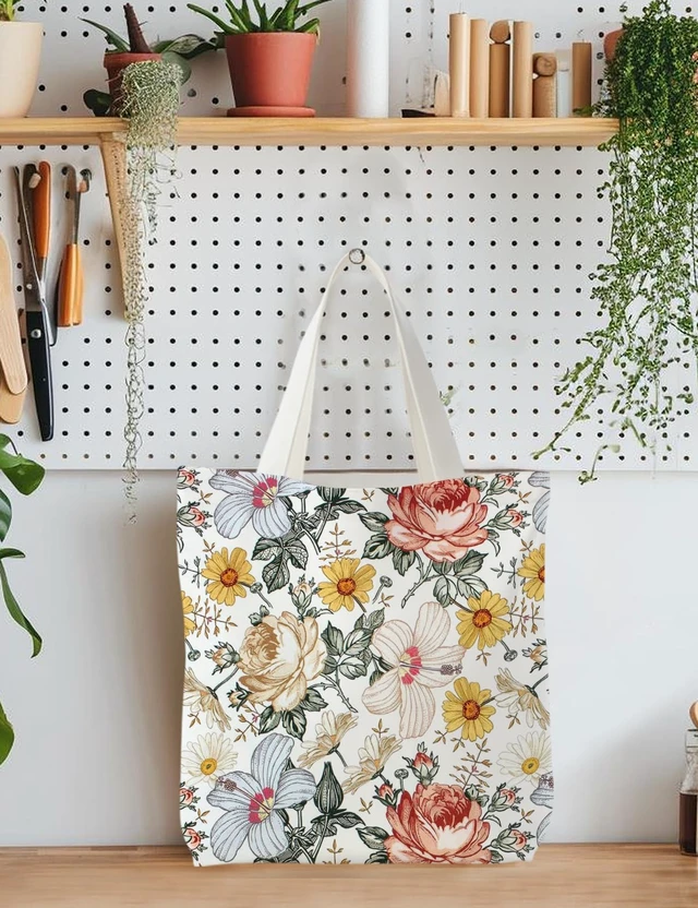 Alt view image 3 of 5 - Floral Canvas Tote Bag for Women, Flower Aesthetic Tote Bag, Flower Floral Reusable Grocery Bags Shopping Bags