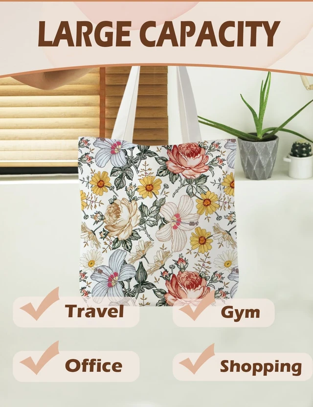 Alt view image 4 of 5 - Floral Canvas Tote Bag for Women, Flower Aesthetic Tote Bag, Flower Floral Reusable Grocery Bags Shopping Bags
