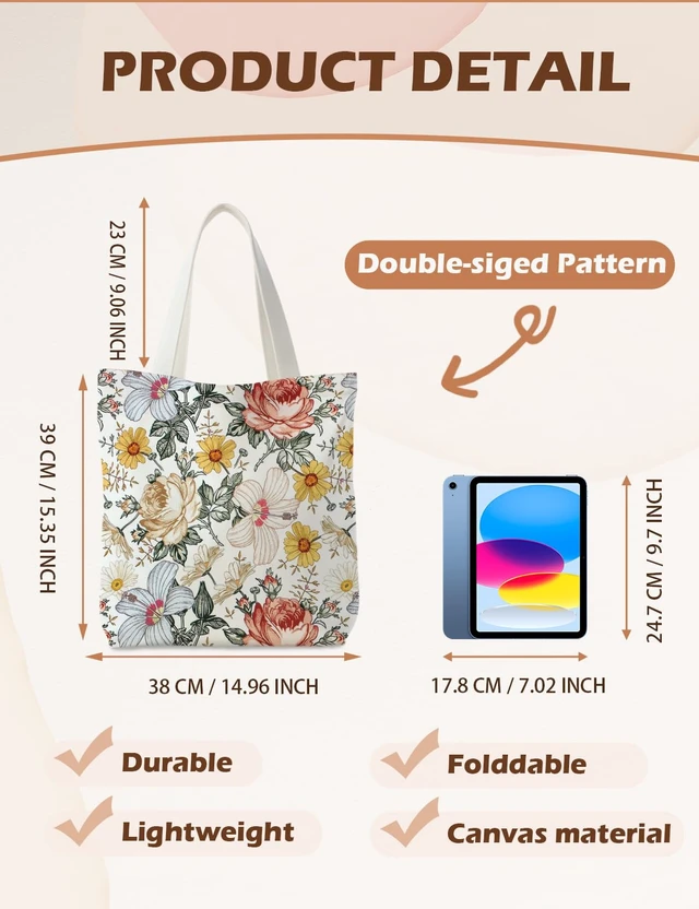 Alt view image 5 of 5 - Floral Canvas Tote Bag for Women, Flower Aesthetic Tote Bag, Flower Floral Reusable Grocery Bags Shopping Bags