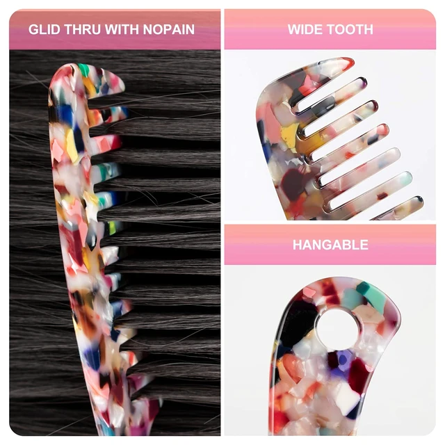 Alt view image 5 of 7 - Large Wide Tooth Hair Comb Tortoise Shell Comb for Thick Curly Hair | Cellulose Acetate Hair Detangling Comb Round Tooth for Women Men or Kids, Anti-Static Wet or Dry, Multi-colored