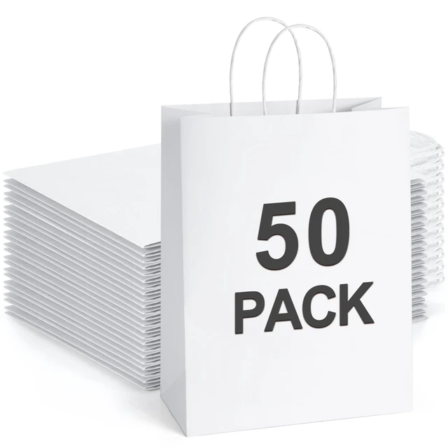 Main image of Kraft Paper Bags with Handles 10x5x13 Inch Large White 50 Pcs Bulk | Recyclable, Sturdy Handles, DIY-Friendly, For Gift Giving, Crafts, Party Favors, Christmas, Valentine's Day, Retail Packaging