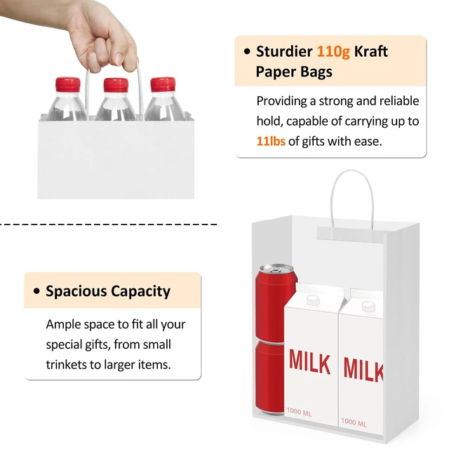 Alt view image 3 of 6 - Kraft Paper Bags with Handles 10x5x13 Inch Large White 50 Pcs Bulk | Recyclable, Sturdy Handles, DIY-Friendly, For Gift Giving, Crafts, Party Favors, Christmas, Valentine's Day, Retail Packaging