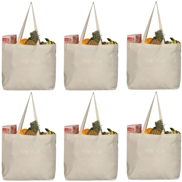 Main image of 6 Pack Canvas Reusable Grocery Bags - Cotton Canvas Grocery Bag Cloth Shopping Tote With Long Handles Bulk - Heavy Duty Grocery Tote Bag - Large, Foldable and Lightweight - Capacity 40 lbs