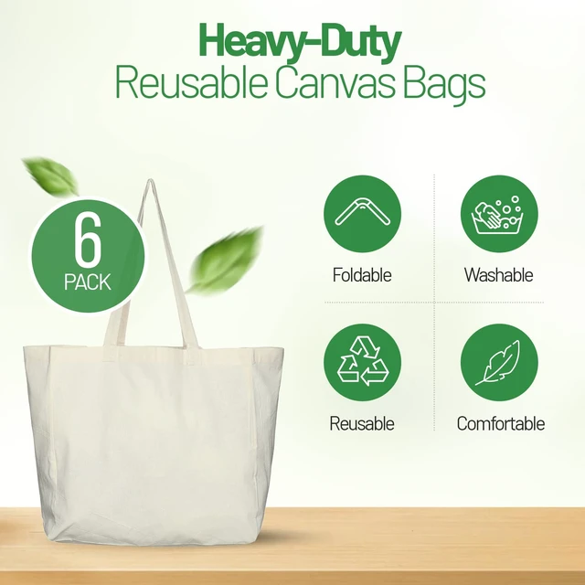 Alt view image 2 of 6 - 6 Pack Canvas Reusable Grocery Bags - Cotton Canvas Grocery Bag Cloth Shopping Tote With Long Handles Bulk - Heavy Duty Grocery Tote Bag - Large, Foldable and Lightweight - Capacity 40 lbs